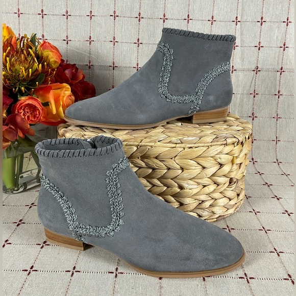 Jack Rogers Shoes - Jack Rogers “Gemma” Grey Suede Ankle Boots Side Zip Designer Stitch Booties 6.5